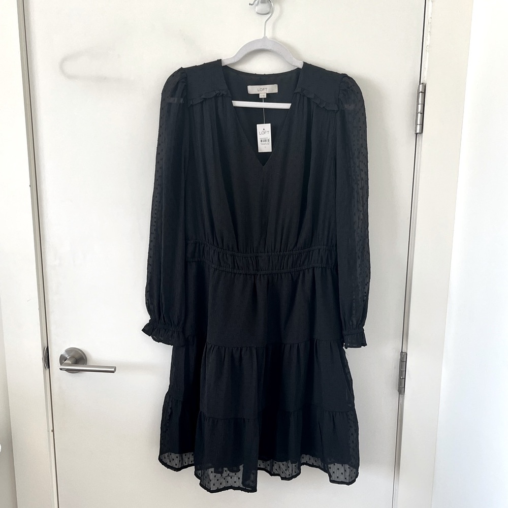 Loft Dot Texture Sheer Sleeve Dress NWT
